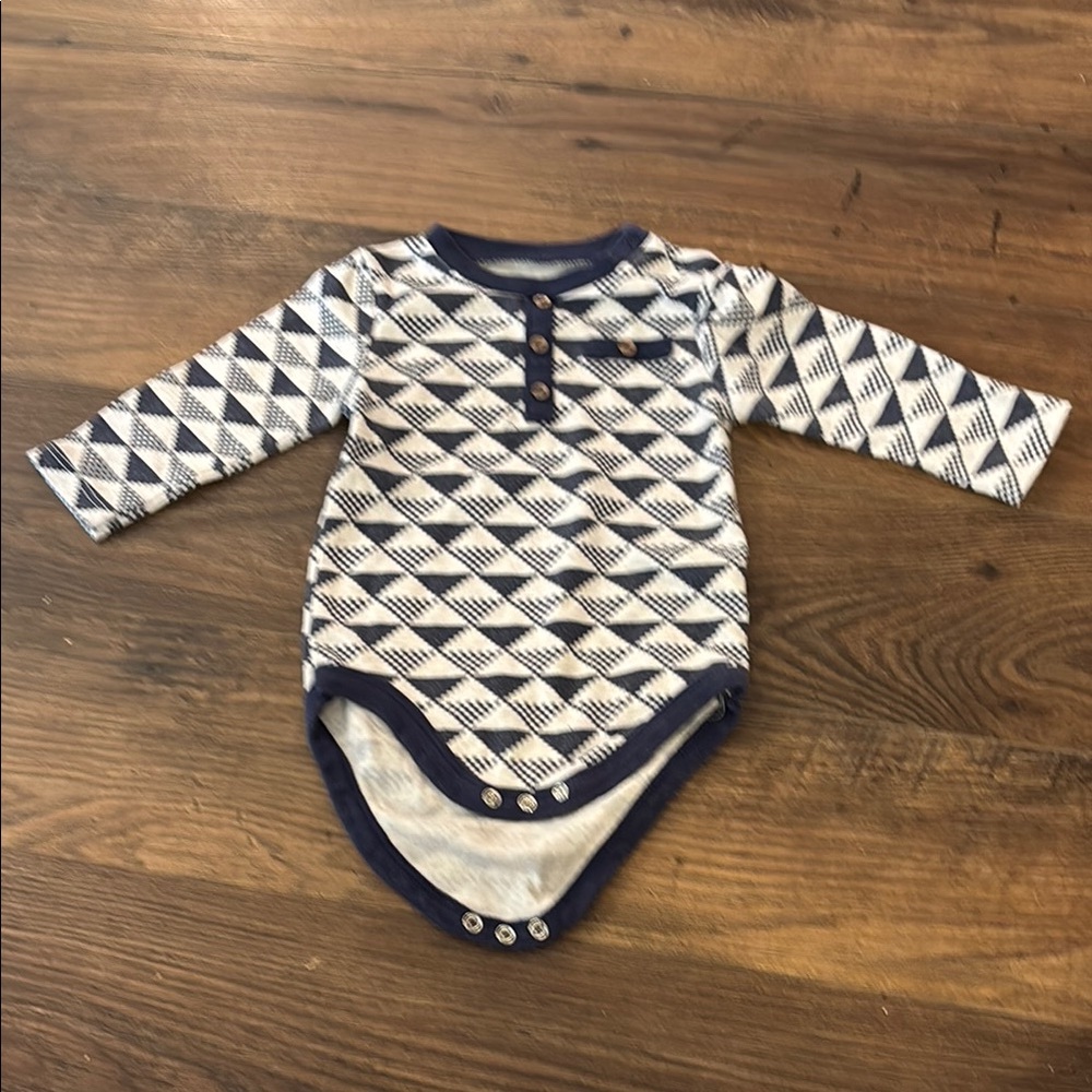Rene Rafe Blue and White Bodysuit with Geometric Pattern